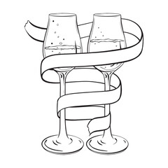 A monochromatic drawing of two wine glasses enveloped in a ribbon
