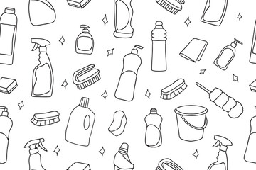 Seamless pattern of cleaning equipment. Cleaning line icons. Line of hand-drawn equipment, cleaning products and tools for washing and disinfecting the house, bucket and mop, detergent sprayer. - obrazy, fototapety, plakaty