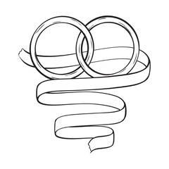 a black and white drawing of two wedding rings and a ribbon