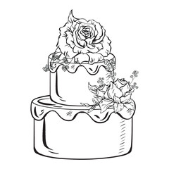 A black and white line art drawing of a wedding cake with roses on top