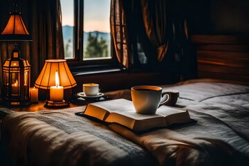 bed in room cup of coffee and book on bed