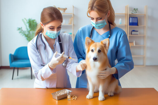 Doctors treat pets in the hospital and give them injections and pills to get better.