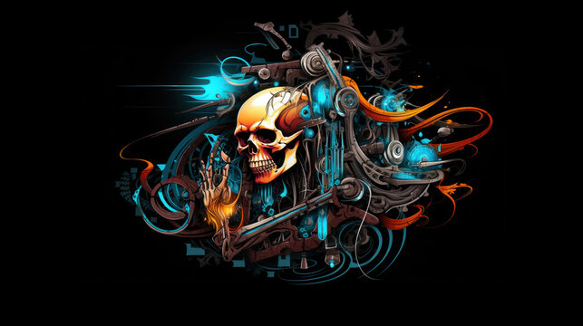 Isolated image of skeleton on the theme of chaos in dark black and light blue colors for T-shirt design. Generative AI