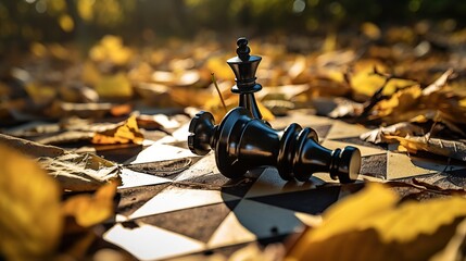 The fallen chess king as a metaphor for the fall from power or in the chess board game