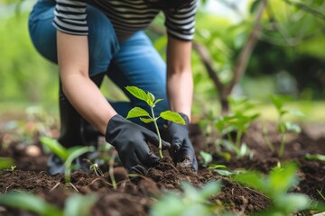 A woman wearing gloves carefully plants a young plant into the earth, nurturing nature with care and dedication