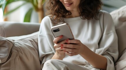 Woman Using iPhone on Couch in Modern Interior, To convey a sense of modern living, the importance of technology and the digital world, and the way