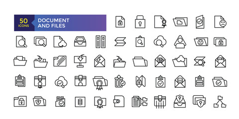 Fototapeta na wymiar Document and Files web icons in line style. Employe, conference, project, document, contact us, productivity strategy, collection. Vector illustration.
