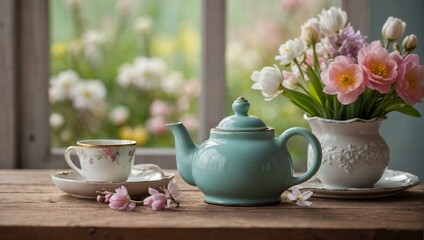 Fototapeta na wymiar Quaint setting of a vintage teapot with matching cup and fresh spring flowers on a rustic wooden table