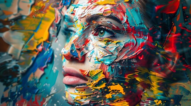 Colorful Painted Womans Face in Abstract Style, To provide a visually striking and artistic image of a womans face covered in colorful paint,