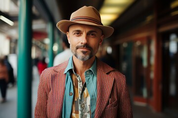 Portrait of handsome mature man in hat walking in the city. - obrazy, fototapety, plakaty