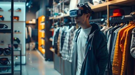 Man Exploring Virtual Reality in a Futuristic Store, To convey the idea of the future of virtual reality in a retail setting, emphasizing the
