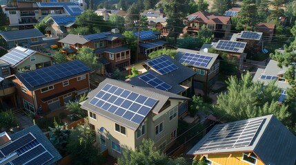 Fototapeta premium Urban and Rural Neighborhoods Embracing Solar Energy, To show the integration of solar technology in residential areas, promoting a sustainable and