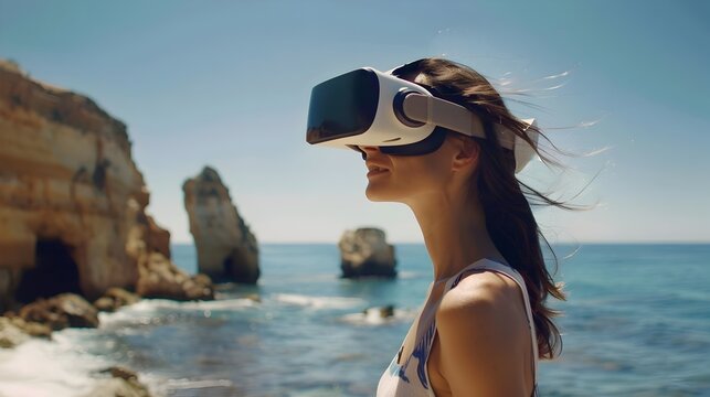 Woman Exploring Ocean through Virtual Reality, To convey the sense of wonder and exploration made possible by virtual reality technology, allowing