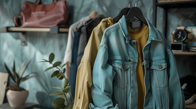 Hanging Jackets on Rack with Plants and Accessories, To provide a visually appealing and on-trend image of clothing and accessories for use in