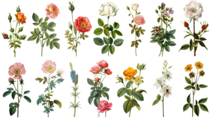 Stickers muraux Aube A collection of flowers. Sketches of blossoms with stalks and leaves. transparent, isolated set of different florets. A bush of wild roses. A spring yellow bloom twig. Watercolor painting. PNG File