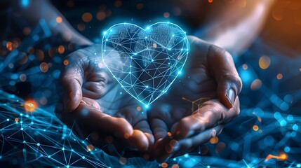 Digital Heart in Hands with Intertwined Networks, To convey a sense of digital connection, technology, and futurism with a touch of abstract