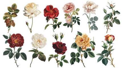 A collection of flowers. Sketches of blossoms with stalks and leaves. transparent, isolated set of different florets. A bush of wild roses. A spring yellow bloom twig. Watercolor painting. PNG File - obrazy, fototapety, plakaty