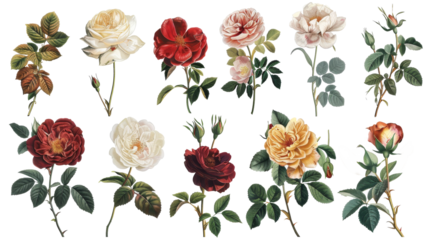 A collection of flowers. Sketches of blossoms with stalks and leaves. transparent, isolated set of different florets. A bush of wild roses. A spring yellow bloom twig. Watercolor painting. PNG File