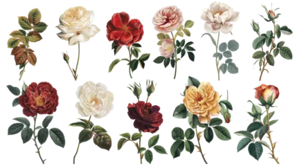 Foto op Canvas A collection of flowers. Sketches of blossoms with stalks and leaves. transparent, isolated set of different florets. A bush of wild roses. A spring yellow bloom twig. Watercolor painting. PNG File © ND STOCK