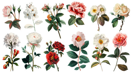 A collection of flowers. Sketches of blossoms with stalks and leaves. transparent, isolated set of different florets. A bush of wild roses. A spring yellow bloom twig. Watercolor painting. PNG File