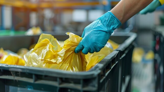 Hand with Gloves Disposing Waste in Industrial Style, To convey the message of responsible waste disposal in an industrial setting, with a focus on
