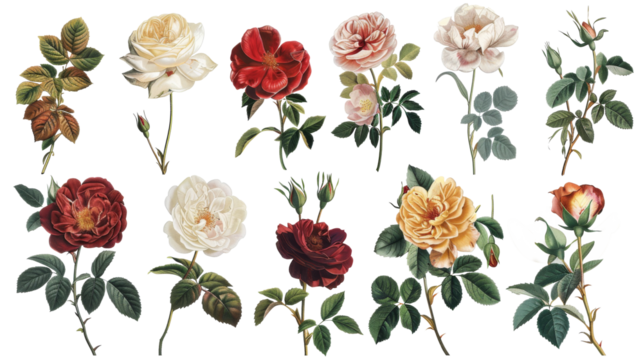 A collection of flowers. Sketches of blossoms with stalks and leaves. transparent, isolated set of different florets. A bush of wild roses. A spring yellow bloom twig. Watercolor painting. PNG File