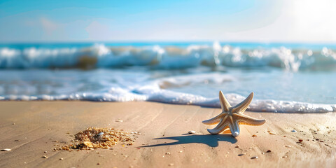 Fototapeta na wymiar Beautiful sandy beach with blur sky and A starfish on a beach with the ocean in the background.