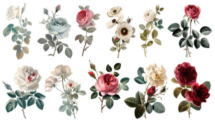 A collection of flowers. Sketches of blossoms with stalks and leaves. transparent, isolated set of different florets. A bush of wild roses. A spring yellow bloom twig. Watercolor painting. PNG File - obrazy, fototapety, plakaty