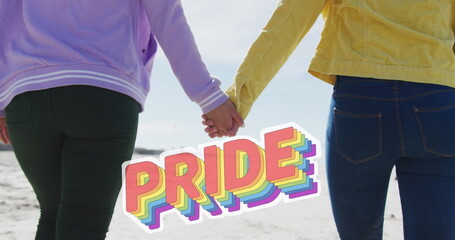 Image of pride over hands of lesbian couple walking on beach
