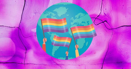 Image of rainbow flags over globe on waving pink background