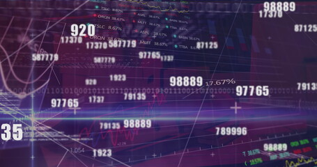 Image of numbers changing and financial data processing on purple background