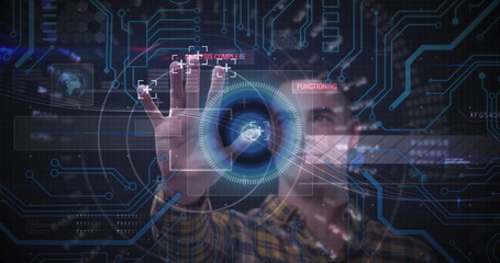Image of man touching screen with scope scanning and processor connections
