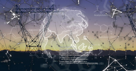 Image of data processing and globe over pylons