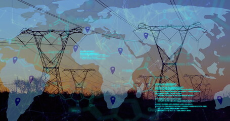 Image of data processing and world map over pylons
