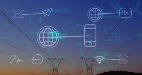 Image of data processing over pylons and media icons