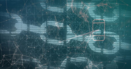 Image of data processing over chains and media icons