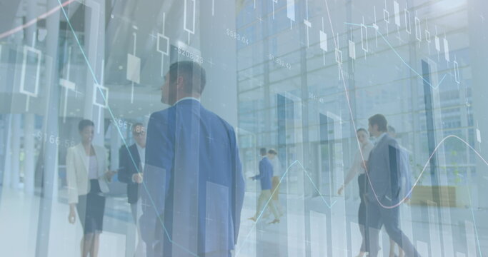 Image of financial graphs over back view of caucasian businessman walking in office
