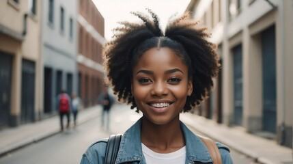 Portrait of a confident black african young female university college student in the middle of city street smiling looking at camera from Generative AI