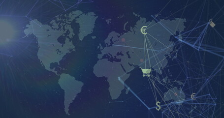 Image of network of connections with icons over world map