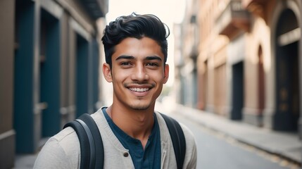 Portrait of a confident hispanic young male university college student in the middle of city street smiling looking at camera from Generative AI