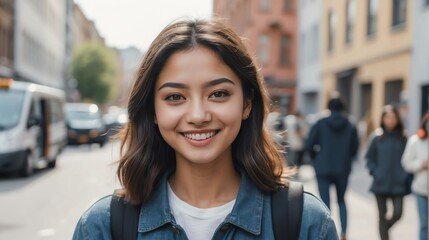 Fototapeta premium Portrait of a confident immigrant young female university college student in the middle of city street smiling looking at camera from Generative AI
