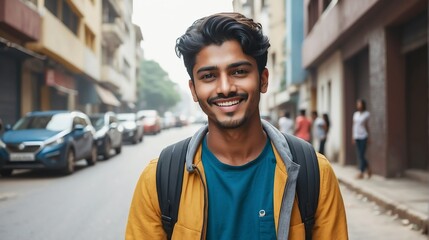Naklejka premium Portrait of a confident indian young male university college student in the middle of a city street smiling looking at camera 8 from Generative AI