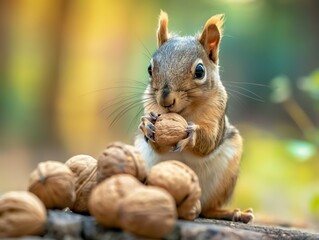 A squirrel holding and nibbling a nut with a pile of walnuts in the foreground set against a softly blurred natural background.