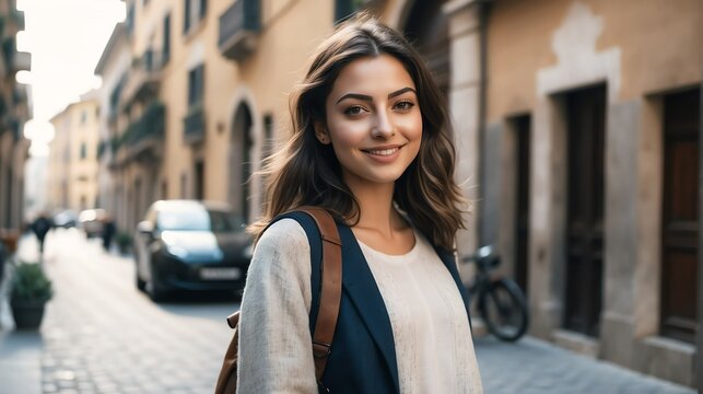 Portrait of a confident italian young female university college student in the middle of a city street smiling looking at camera from Generative AI
