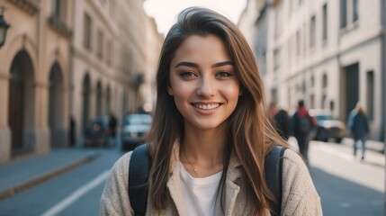 Portrait of a confident young female university college student in the middle of a city street smiling looking at camera from Generative AI
