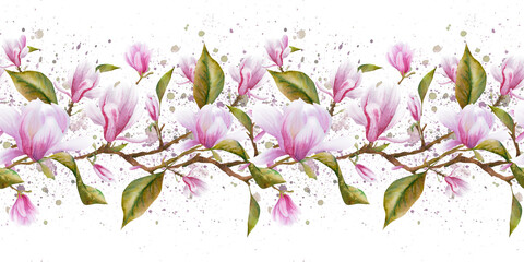 Watercolor floral seamless border with green leaves and twigs with magnolia flowers.Hand drawn watercolor illustration