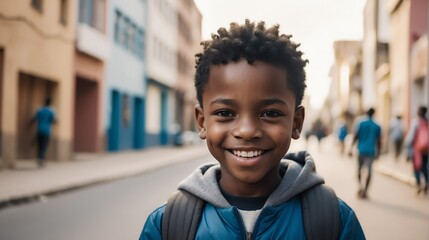 Portrait of a happy black african young boy kindergarten student in the middle of a city street smiling looking at camera from Generative AI - obrazy, fototapety, plakaty