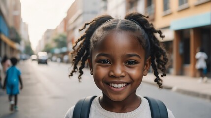Portrait of a happy black african young girl kindergarten student in the middle of a city street smiling looking at camera from Generative AI - obrazy, fototapety, plakaty
