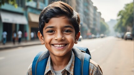 Portrait of a happy indian young boy kindergarten student in the middle of a city street smiling looking at camera from Generative AI - obrazy, fototapety, plakaty