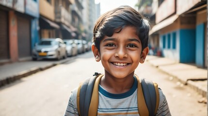 Portrait of a happy indian young boy kindergarten student in the middle of a city street smiling looking at camera 8 from Generative AI - obrazy, fototapety, plakaty